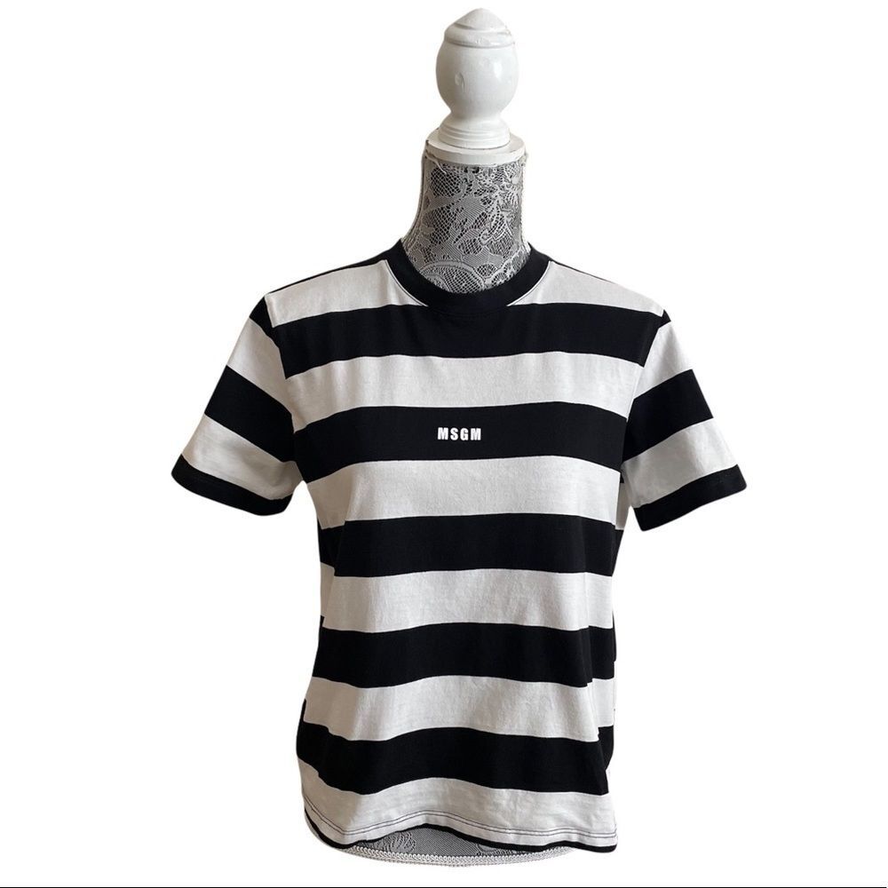 Msgm Logo T-Shirt Black With White Stripes Size Large